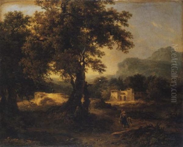 A Wooded Landscape With Figures Oil Painting by Achille Etna Michallon