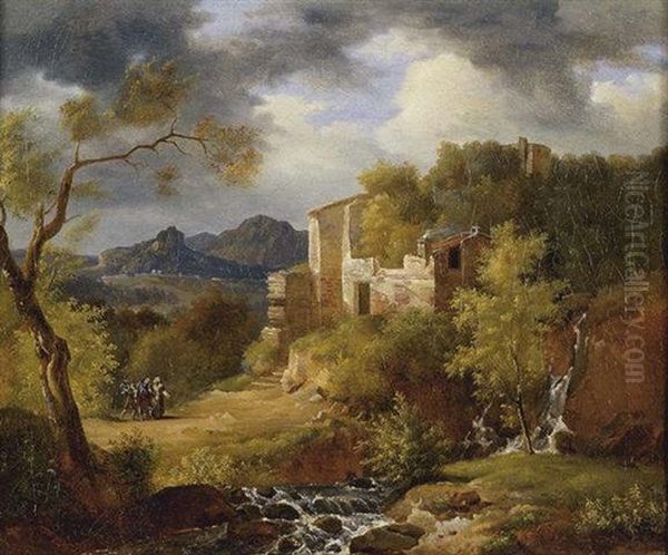 Italianate Landscape With Figures On A Path Near Ruins Oil Painting by Achille Etna Michallon