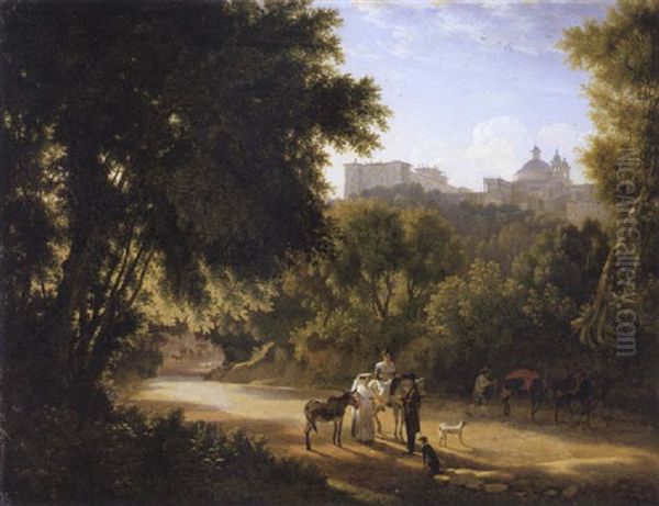 A Valley In The Alban Hills With Travellers On A Road, A View Of The Chigi Palace And Santa Maria Dell'assunta, Ariccia Beyond Oil Painting by Achille Etna Michallon