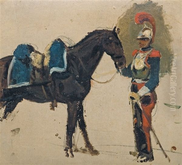 Cuirassier Holding A Horse Oil Painting by Piotr Michalowski