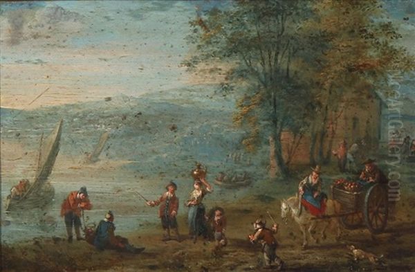 Fishermen And Peasants Trading On A Riverbank Oil Painting by Theobald Michau