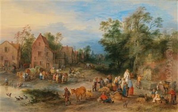 Numerous Peasants With Their Livestock In A Village Oil Painting by Theobald Michau