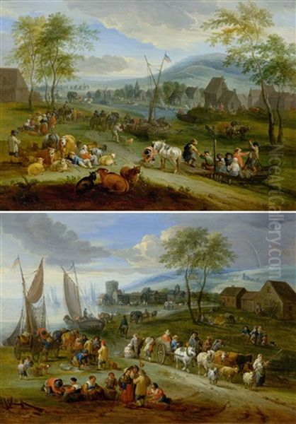 Pair Of Works: Lively River Landscape With Figures/coastal Landscape With A Fish Market Oil Painting by Theobald Michau