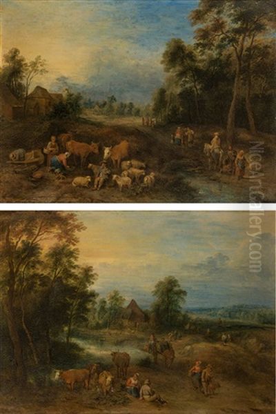 Landscape With Peasants & Landscape With Travellers And Cattle (counterparts) Oil Painting by Theobald Michau