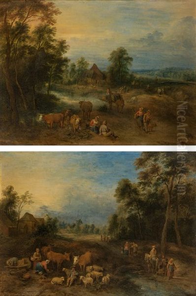 Landscape With Peasants & Landscape With Travellers And Cattle (counterparts) Oil Painting by Theobald Michau