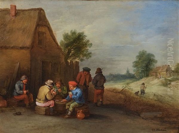 Card Players In Front Of A Farmstead - Peasants Resting In Front Of A Farmstead (pair) Oil Painting by Theobald Michau