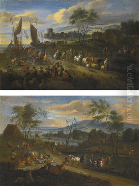 A Coastal Village Landscape With Pilgrims, Villagers And Fishermen; A River Landscape With Figures Embarking On A Ferry, Herdsmen With Their Flock, A Village Beyond Oil Painting by Theobald Michau