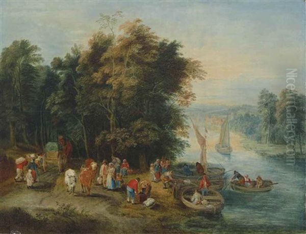 A Wooded River Landscape With Travellers On A River Bank And Figures In Boats Oil Painting by Theobald Michau