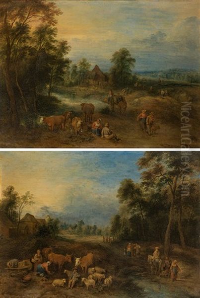 Landscape With Peasants & Landscape With Travellers And Cattle (a Pair) Oil Painting by Theobald Michau