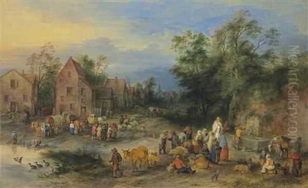 A Village Landscape With Figures At A Market By A Pond, A Church Beyond Oil Painting by Theobald Michau