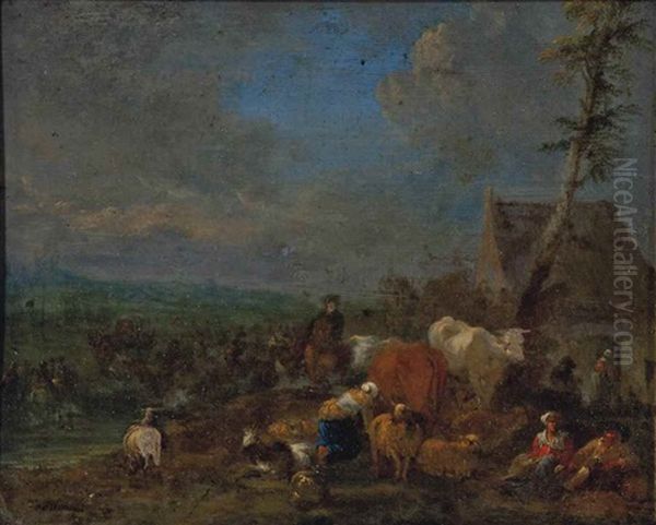 Peasants And Their Herd At Rest Before A Cottage Oil Painting by Theobald Michau