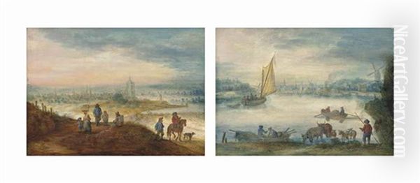 An Extensive Landscape With Travellers On A Track, A Church And Town Beyond; And An Extensive River Landscape With A Herdsman Watering His Animals And Figures In Boats (pair) Oil Painting by Theobald Michau