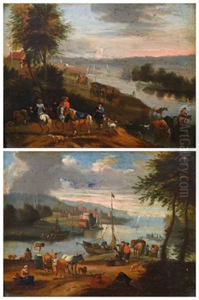 Cavaliers Et Paysans En Bordure De Riviere (pair) Oil Painting by Theobald Michau