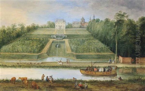 A River Landscape With A Ferry, Fountains And A Villa With Garden Oil Painting by Theobald Michau