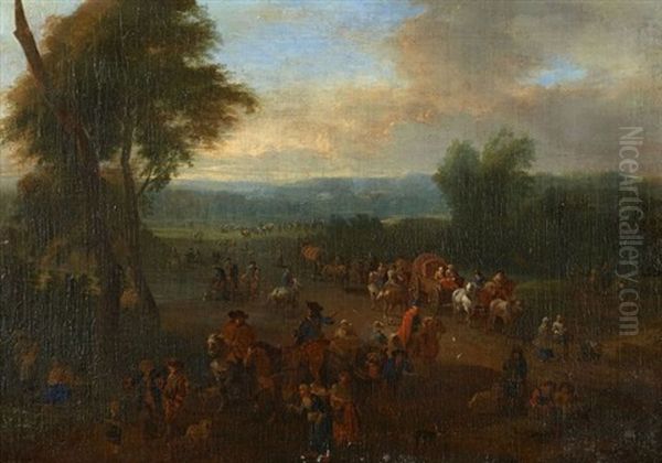 Une Route De Campagne Animee De Nombreux Personnages, Cavaliers Et De Chariots Oil Painting by Theobald Michau