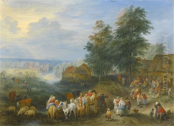 Travellers And Their Herds Departing From A Village And Travellers Unpacking Their Carts And Entering A Village (pair) Oil Painting by Theobald Michau