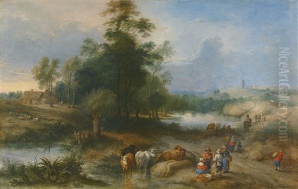 Landscape With Drovers Watering Cattle Oil Painting by Theobald Michau