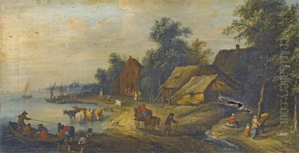 River Landscape With Villagers On The Bank Oil Painting by Theobald Michau