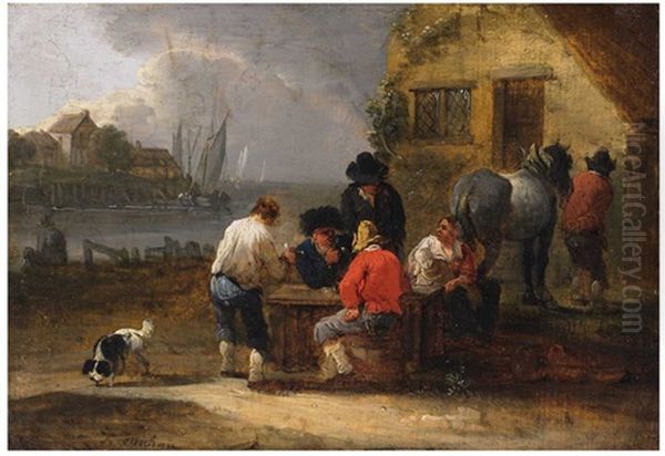 View Of A Harbour With Drinking Peasants Oil Painting by Theobald Michau