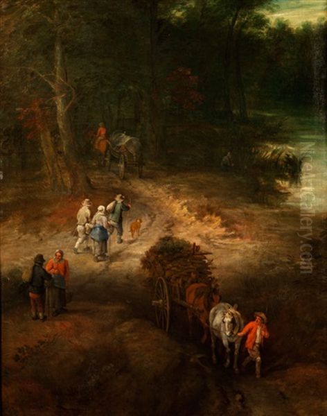 Waldrand Am Flusslauf Mit Mehreren Bauersleuten Auf Einem Waldweg by Theobald Michau