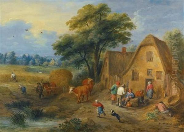 A Northern Landscape With Villagers Conversing And Harvesters Returning From The Fields, With A Farmer And A Dog Herding Two Cows Oil Painting by Theobald Michau