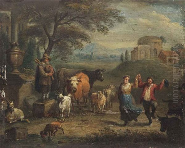 A Landscape With A Dancing Peasant Couple And Cattle, Classical Ruins Beyond Oil Painting by Theobald Michau