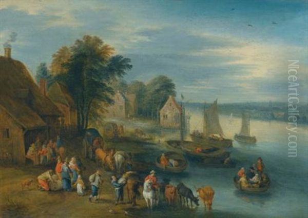 A River Landscape With Villagers Unloading Their Boats; A River Landscape With Villagers And Carts On A Path (pair) Oil Painting by Theobald Michau