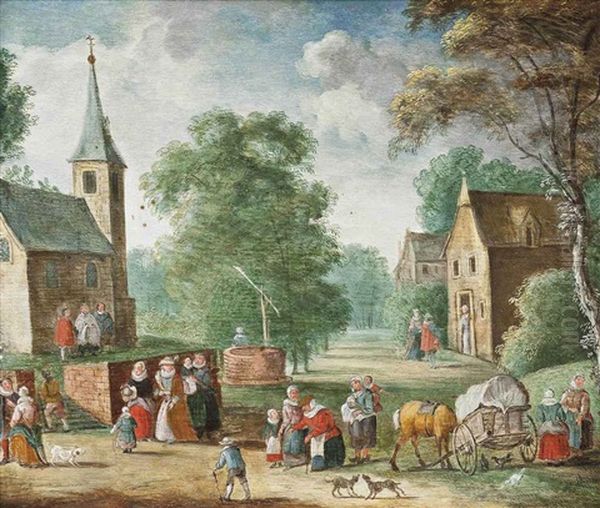 A Village Landscape With Elegant Company And Peasants On A Track, A Church, A Well And Houses Beyond Oil Painting by Theobald Michau