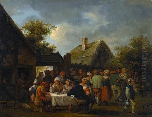 Figures Merry-making Outside An Inn Oil Painting by Theobald Michau