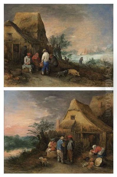 Peasants Drinking Outside A Farm Cottage (+ Peasants Drinking And A Woman Washing Dishes Outside A Farm Cottage; Pair) by Theobald Michau