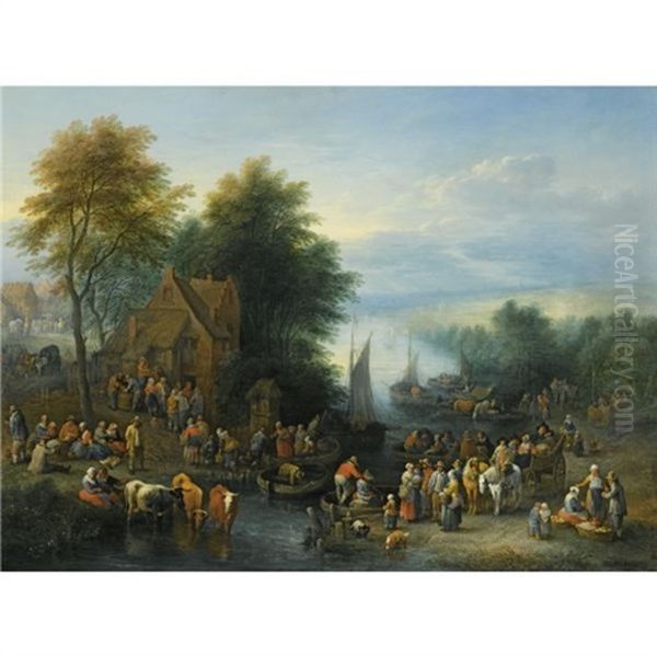 A River Landscape With Figures By A Ferry, Other Figures Seated On The Banks Of The River, With Their Cattle In The Water Oil Painting by Theobald Michau