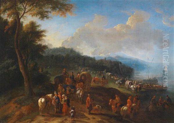 Kustenlandschaft Mit Zahlreichen Personen Mit Pferdefuhrwerken Beim Entladen Von Schiffen Oil Painting by Theobald Michau