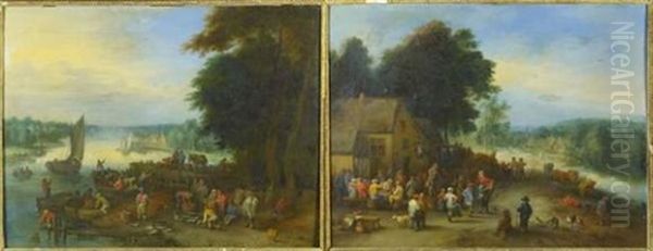 Fete Villageoise Pres De La Riviere (le Marche Aux Poissons; Pair) Oil Painting by Theobald Michau