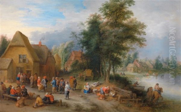 Feiernde Bauern Auf Einem Dorfplatz In Einer Bewaldeten Flusslandschaft Oil Painting by Theobald Michau