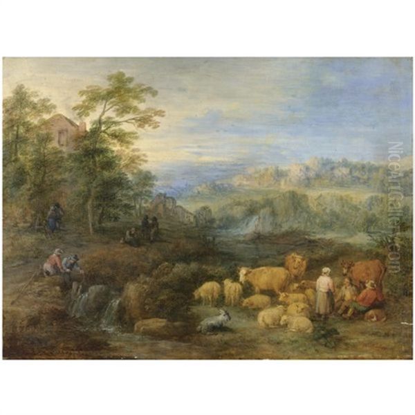 A Summer Landscape With Shepherds And Herdsmen Resting Their Sheep And Cattle By A Stream Oil Painting by Theobald Michau