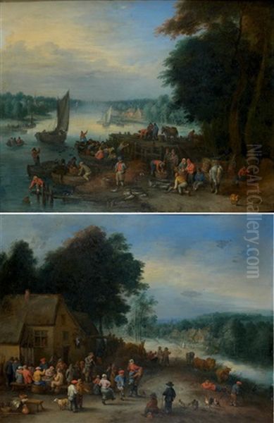 Fete Villageoise Pres De La Riviere (+ Le Marche Aux Poissons; Pair) Oil Painting by Theobald Michau