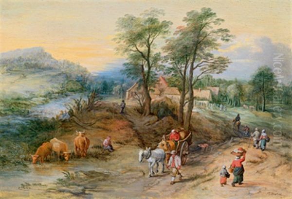 Bewaldete Landschaft Mit Reisenden Und Einem Pferdefuhrwerk by Theobald Michau