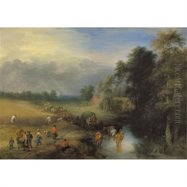 Landscape With Peasants Harvesting The Crop And A Herdsman Watering His Cows In A Passing Stream Oil Painting by Theobald Michau