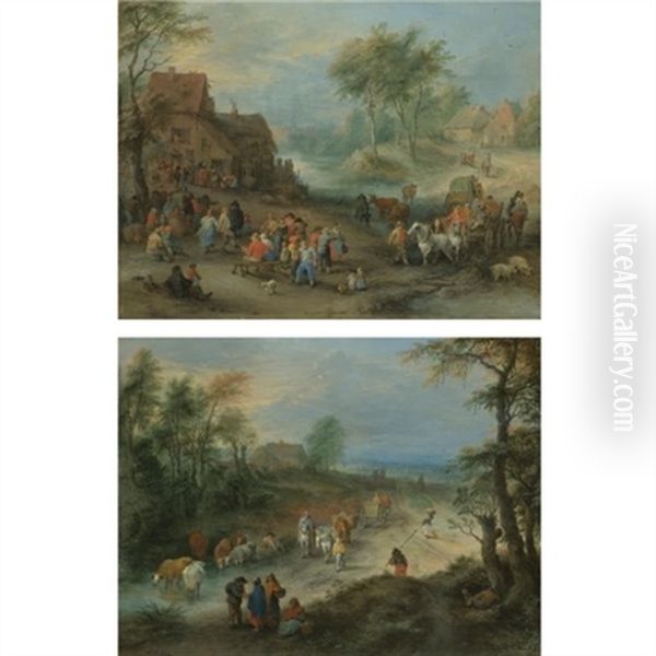 A Village Landscape With Figures Making Merry And Travellers Passing Through A Stream (+ A Wooded Landscape With Travellers And A Herdsman Watering His Herd; Pair) Oil Painting by Theobald Michau