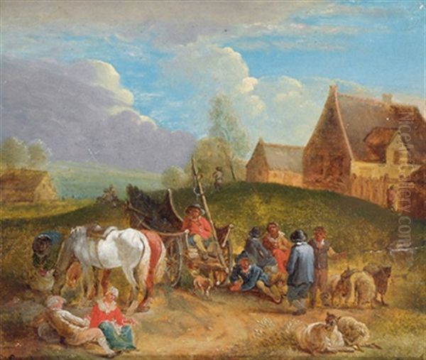 Rastende Bauern Mit Pferden Und Schafen In Einer Landschaft Oil Painting by Theobald Michau