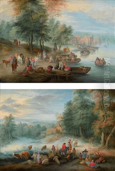 A River Landscape With Men Unloading Cargo Onto The Shore (+ A River Landscape With Horsemen And Other Travellers On A Road; Pair) Oil Painting by Theobald Michau