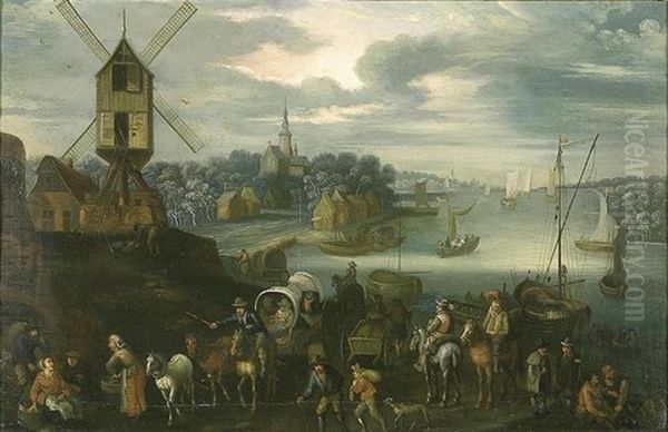 Nombreux Personnages Dans Un Paysage Fluvial Au Moulin by Theobald Michau