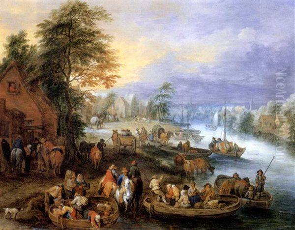 A River Landscape With Travellers, A Town Beyond Oil Painting by Theobald Michau