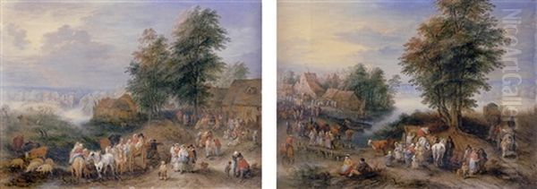 A Village Landscape With Peasants Merrymaking Outside An Inn And Fording The River On A Cart Oil Painting by Theobald Michau