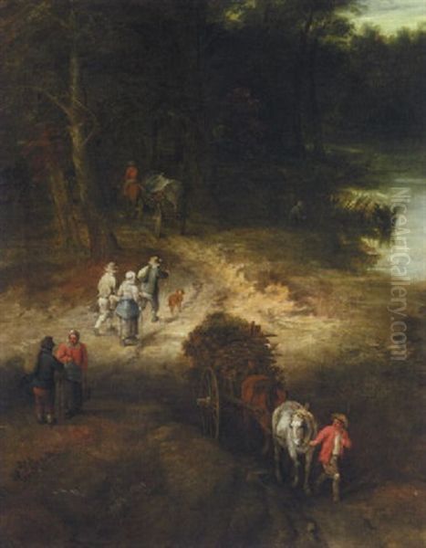 A River Landscape With Waggoners On A Track Oil Painting by Theobald Michau