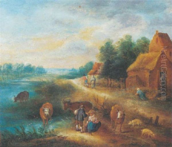 A Village With Peasants And Cattle By A River Oil Painting by Theobald Michau