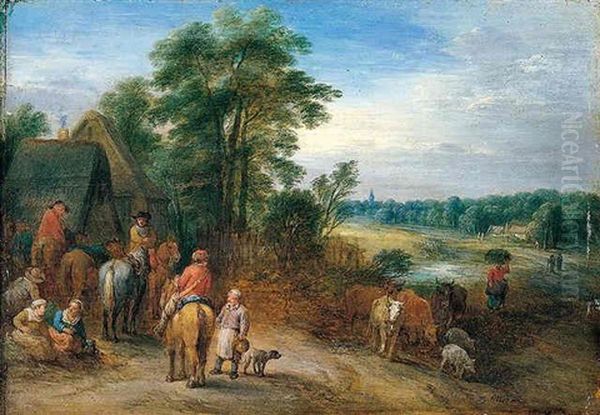 Boors Resting Before A Tavern, With Cattle By A Stream Beyond Oil Painting by Theobald Michau