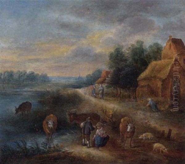 A Village With Peasants And Cattle By A River by Theobald Michau