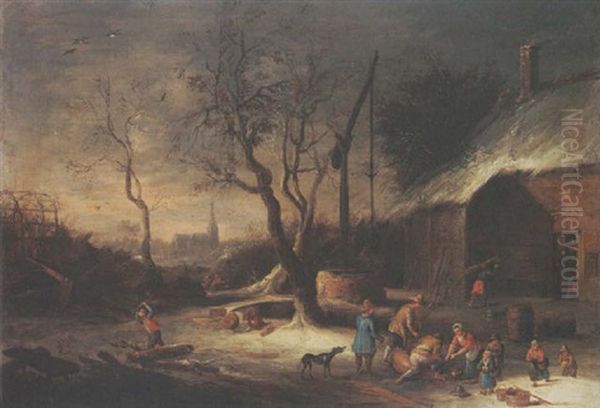 A Winter Landscape With Peasants Chopping Wood And Slaughtering A Pig Near A Well, A Farm Nearby Oil Painting by Theobald Michau