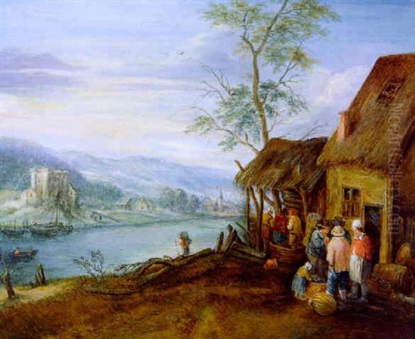 Flusslandschaft Mit Traubentretenden Bauern Oil Painting by Theobald Michau